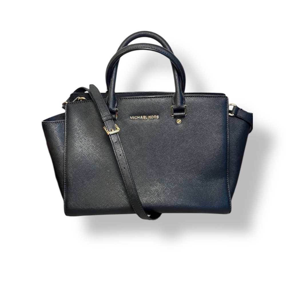 Michael Kors Saffiano Black Leather Selma Top Handle Bag, Crossbody